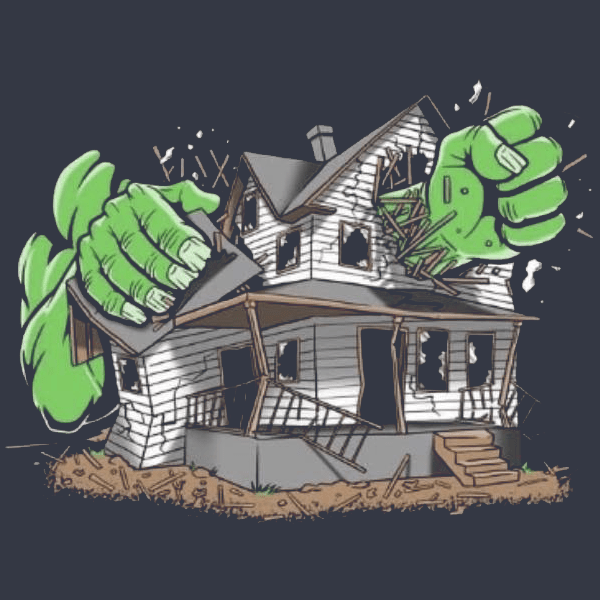 abatement cartoon displaying fists destroying a house.
